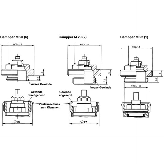 Heizungsventiladapter für Gampper M20 (6) bis 10 mm Tiefe (Messing)