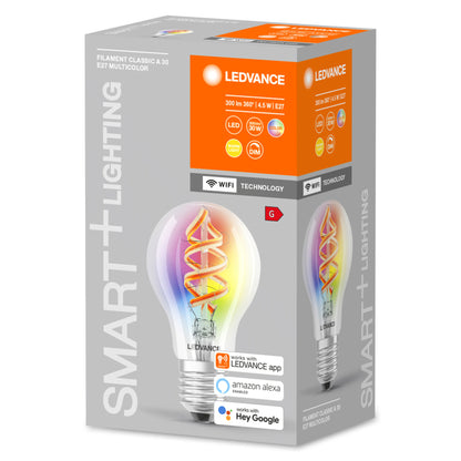Ledvance SMART+ WiFi 4,5-W-LED-Lampe A60, E27, 300 lm, RGBW, 2700–6500 K, dimmbar, Alexa, App