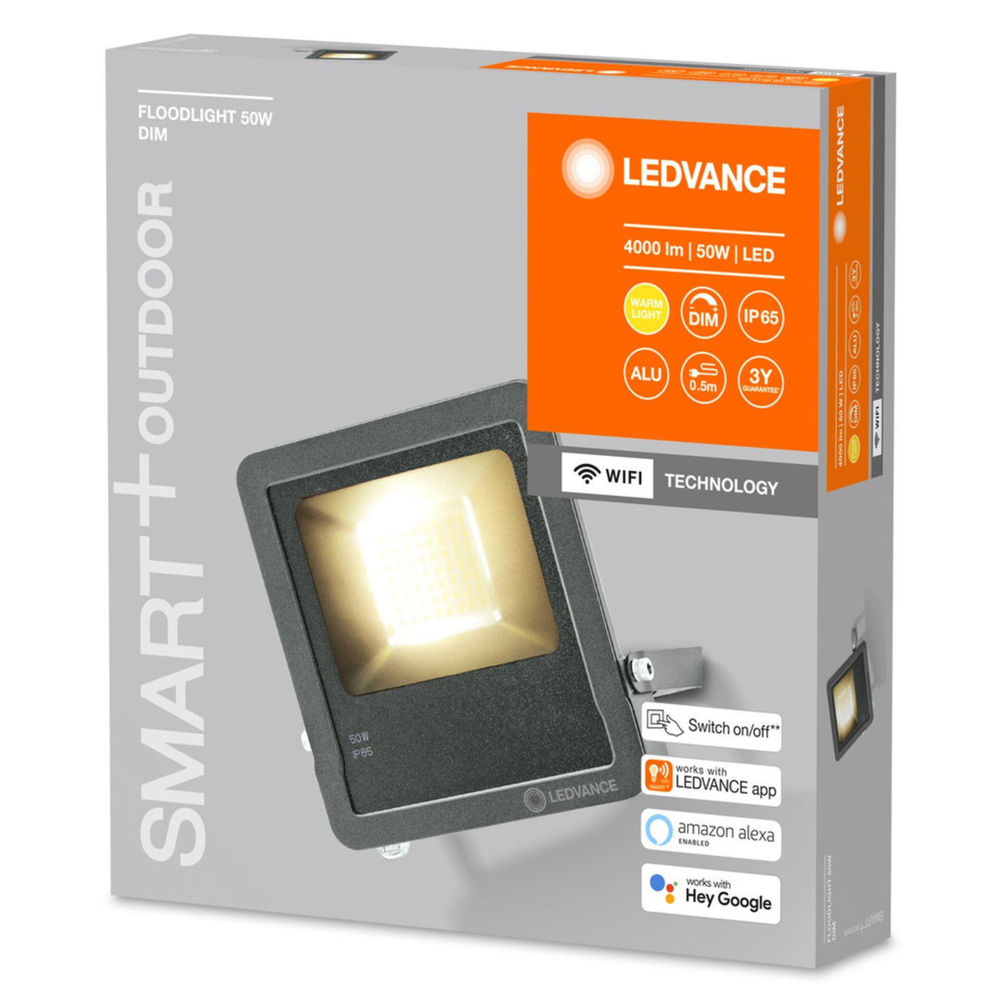 Ledvance SMART+ WiFi 50-W-LED-Flutlichtstrahler FLOOD, Aluminium, 4250 lm, warmweiß, App, IP65